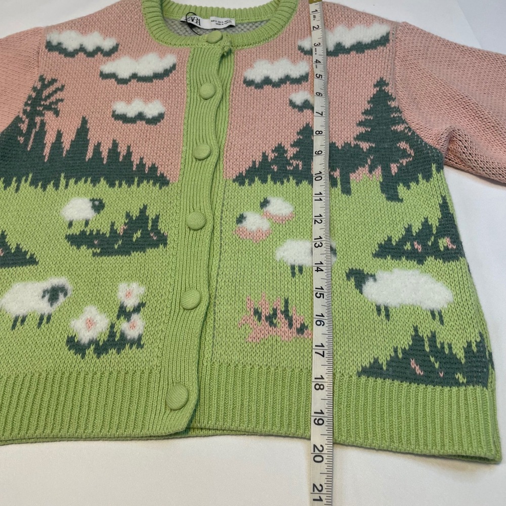 ZARA Women's Knit Jacquard Fuzzy Sheep Landscape Cardigan Pink Green Size S‎ - Picture 6 of 16